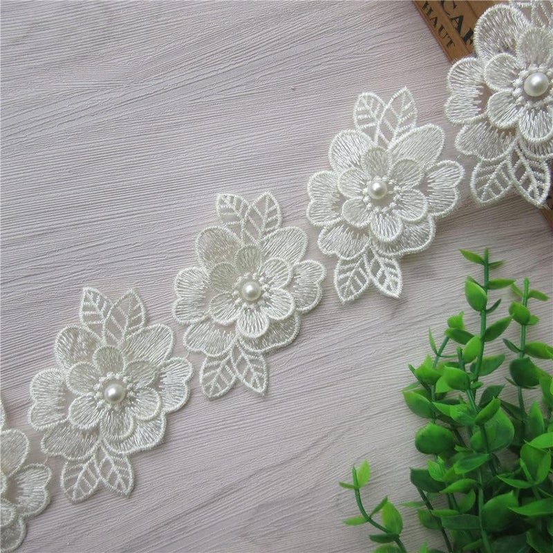 SHBBON 2 Yards 3D Flower Lace Trim Pearl Embroidered Polyester Lace Ribbon Fabric Applique Patchwork for Wedding Dress Handmade DIY Sewing Craft Supplies Decoration (Beige) - Image 3